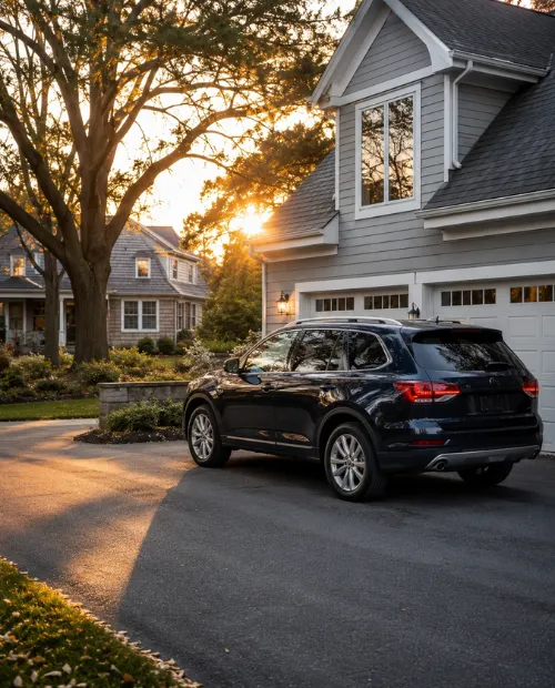 A vehicle parked in a driveway at sunset